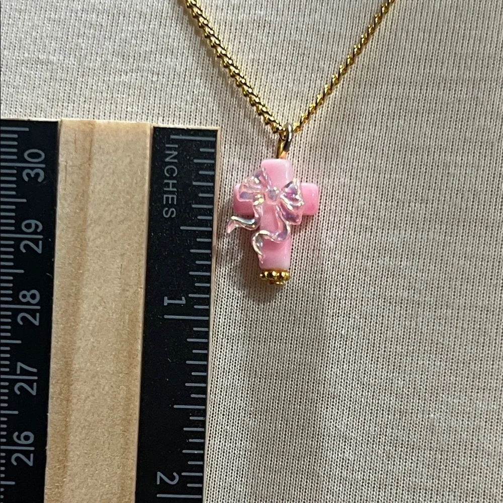 Lightweight Pink Cross with Bow Pendant Necklace